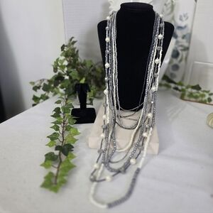 Silver Statement Long Multi Strand Necklace and Earrings Set